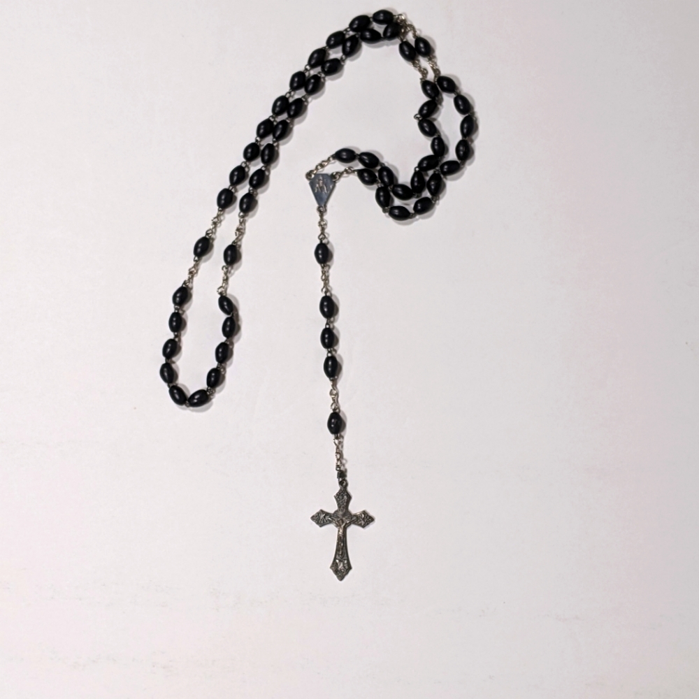 Vintage Black Bead Silver Tone Italian Rosary